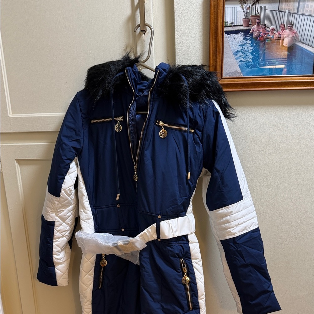 Women's Navy and White Quilted Winter Coat with Faux Fur Trim
